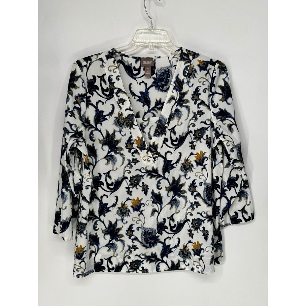 Chico's Blouse Womens 2 (Large) White Floral Scroll V-Neck 3/4 Sleeve Tunic